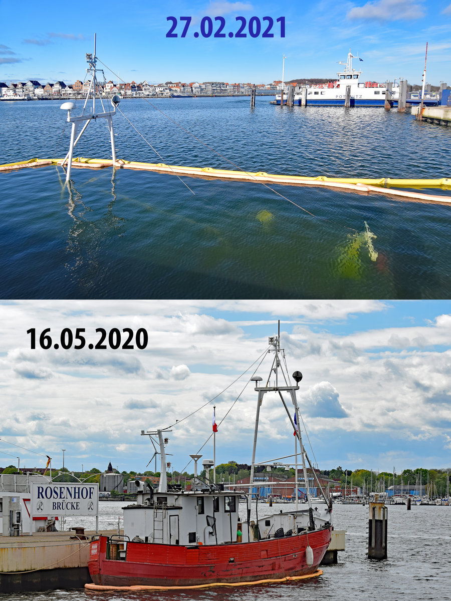 Sinkstelle des Kutters DRESDEN bei der Rosenhof-Brücke in Lübeck-Travemünde. Das Fahrzeug, das bereits  angeschlagen  war und um das eine Oelsperre gelegt worden war, konnte am 8.2.2021 den Kräften des auftretenden Hochwassers nicht mehr standhalten und sank auf den Grund der Trave. Lübeck-Travemünde, 27.02.2021