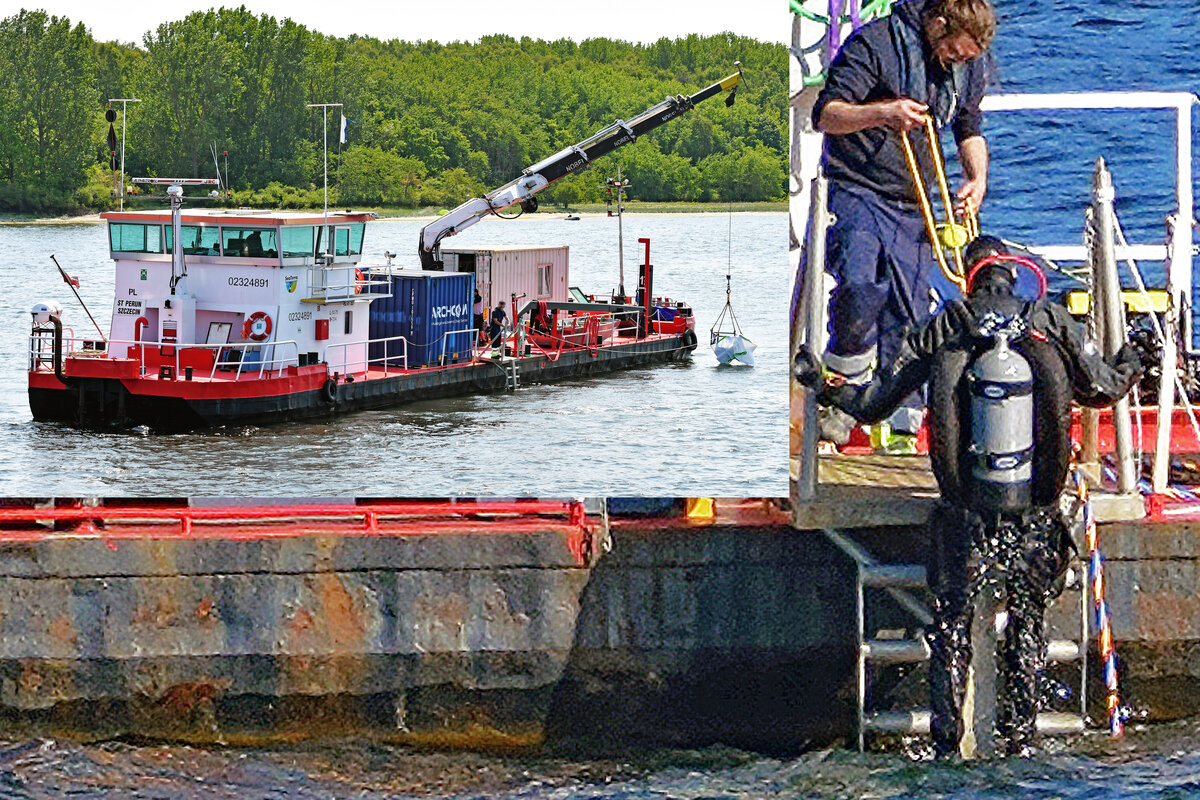 Spezialschiff ST PERUN im Juni 2023 in der Trave bei Stülper Huk bzw. Alt Travemünde. Taucher bergen hier zurzeit ein Schiffswrack, das vermutlich aus dem 17. Jahrhundert stammt. Dieses Hanseschiff von rund 23 Meter Länge hatte vor allem Fässer mit Branntkalk geladen. Desweiteren wurden bisher einige weitere interessante Artefakte aus 10-11 Meter Wassertiefe geborgen. Auf der Homepage der Lübecker Hafenrundschau ist hierzu ein empfehlenswerter Bericht zu finden.