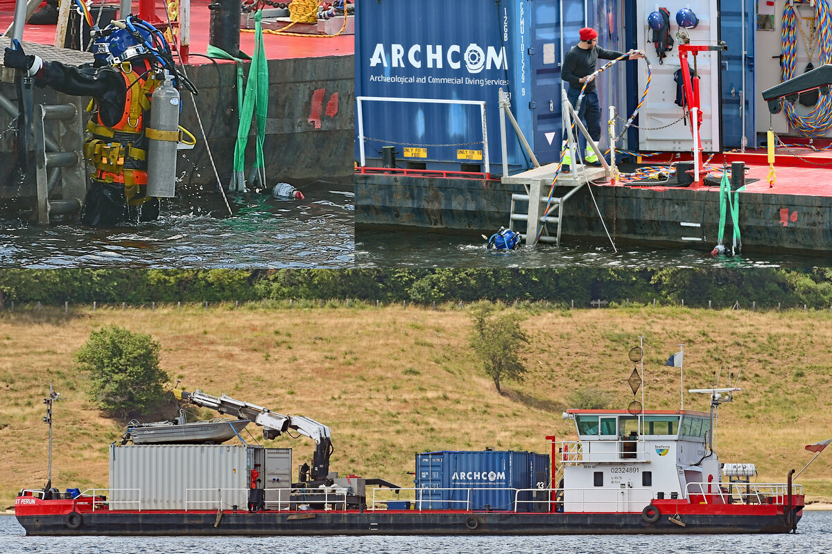 Spezialschiff ST PERUN im Juni 2023 in der Trave bei Stülper Huk bzw. Alt Travemünde. Taucher bergen hier zurzeit ein Schiffswrack, das vermutlich aus dem 17. Jahrhundert stammt. Dieses Hanseschiff von rund 23 Meter Länge hatte vor allem Fässer mit Branntkalk geladen. Desweiteren wurden bisher einige weitere interessante Artefakte aus 10-11 Meter Wassertiefe geborgen. Auf der Homepage der Lübecker Hafenrundschau ist hierzu ein empfehlenswerter Bericht zu finden.