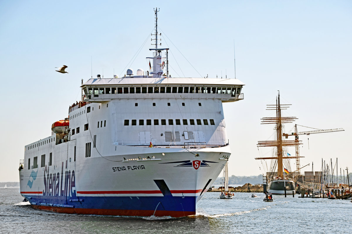 STENA FLAVIA einlaufend Lübeck-Travemünde. Aufnahme vom 4. Juni 2016. Rechts im Hintergrund die Viermastbark PASSAT