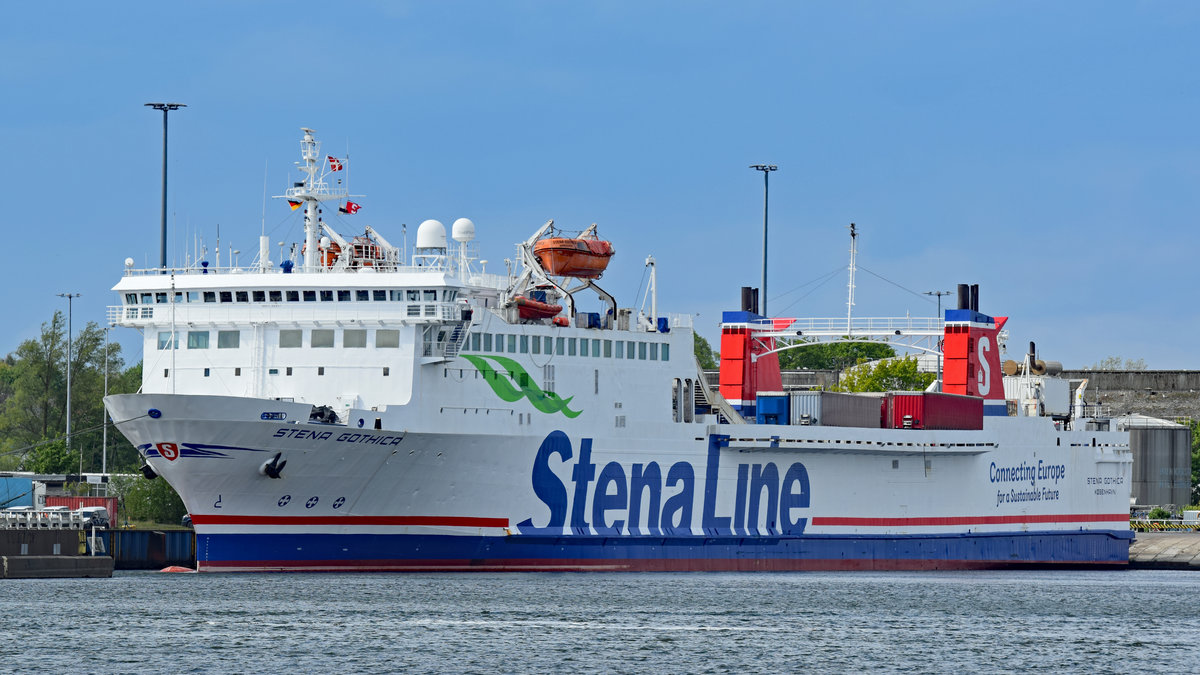 STENA GOTHICA (IMO 7826867) am 16.05.2020 am Skandinavienkai in Lübeck-Travemünde liegend.