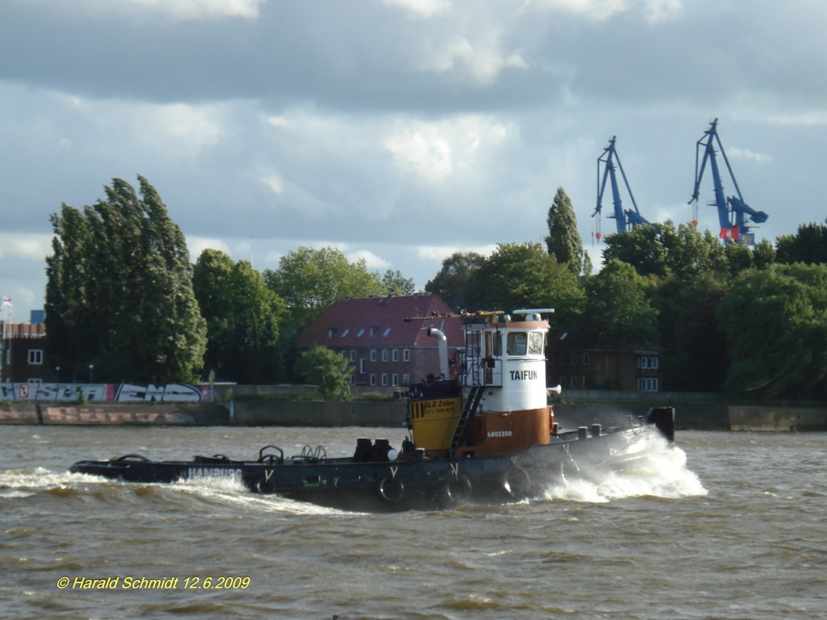 TAIFUN am 12.6.2009,  Hamburg, Elbe Höhe Überseebrücke /
Schlepper / Lüa 21,32 m, B 6,02 m, Tg 2,68 m / 1 Detroit Diesel 700 PS, 11 kn, Pfahlzug 8 t /  1956 bei H.H. Bodewes, Millingen, Niederlande als POLLUX / später EERLAND 21 / 1975 umgebaut, BIBER (Harms Bergung) bis 2007 / Eigner: Lührs Schifffahrt GmbH & Co. KG, Hamburg /