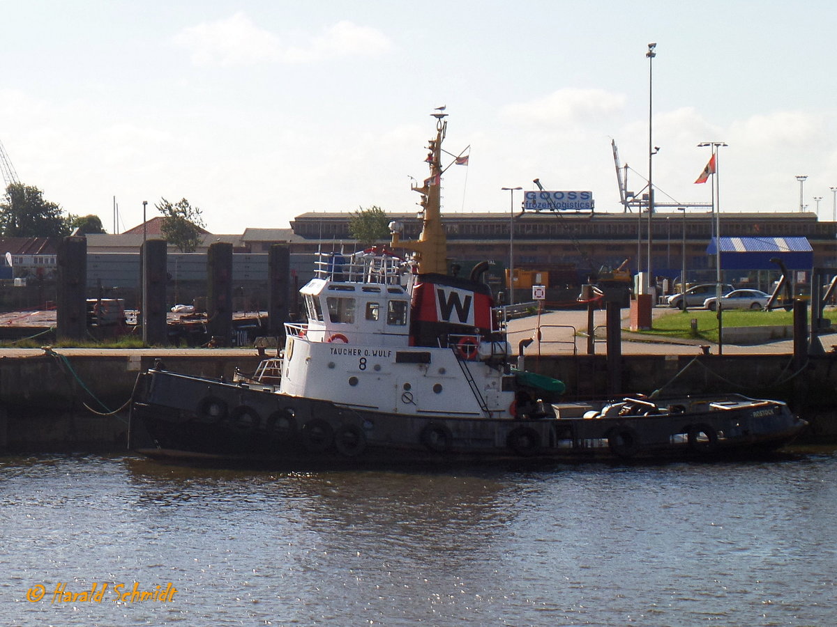 TAUCHER O. WULF 8 am 3.7.2016 in Cuxhaven / Ex-Name: ESCORT (L&R) bis 04.1994 / Schlepper / BRZ 92 / Lüa 23,38 m, B 7,12 m, Tg 2,9 m / 1 Diesel, Cummins KTA 38 M, 1030 kW (1400 PS), Pfahlzug 17 t / gebaut 1970 bei Mützelfeldtwerft, Cuxhaven / Heimathafen Rostock / 