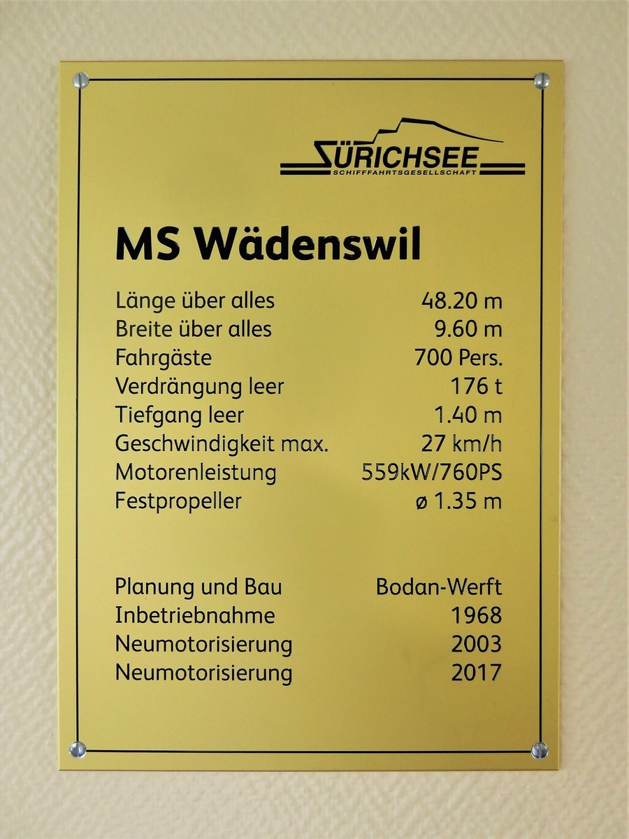 Technische Daten an Bord des MS WÄDENSWIL - 12.07.2018