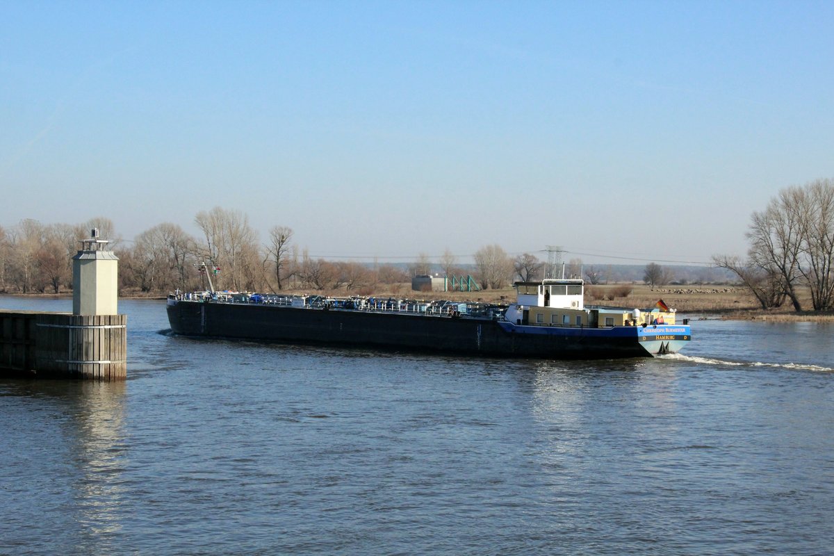 TMS Christoph Burmester (048007170 , 86 x 9,5m) am 18.02.2019 auf Elbe-Talfahrt Höhe Einfahrt Rothenseer Verbindungskanal.