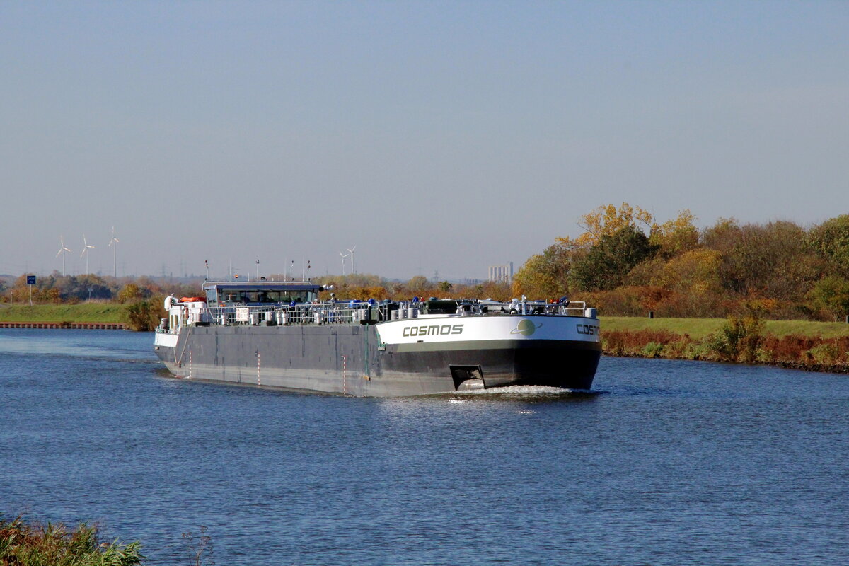 TMS  COSMOS  (06105719 , 84,70 x 9,53m) am 28.10.2021 im  MITTELLANDKANAL  Höhe Barleber See I auf Bergfahrt zu den Magdeburger Häfen.