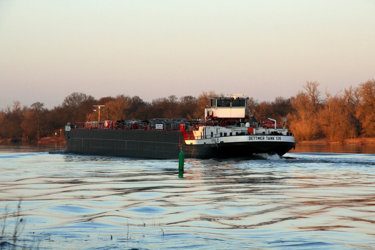 TMS Dettmer Tank 136 (04009090 , 100 x 9,50m) am 18.02.2019 auf Elbe-Talfahrt bei Storkau.