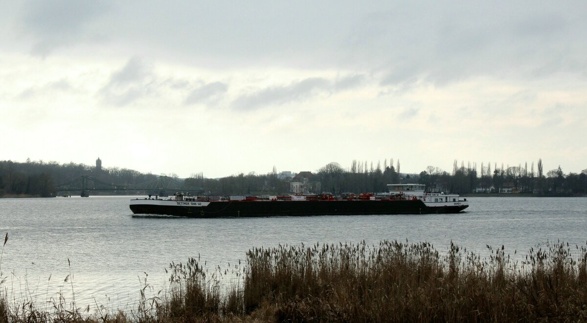TMS  DETTMER TANK 140  (04810300 , 86 x 11,45m) befuhr am 07.02.2025 den  JUNGFERNSEE / Untere-Havel-Wasserstrasse zu Berg nach Berlin-Ruhleben. Im Hintergrund die Glienicker Brücke.