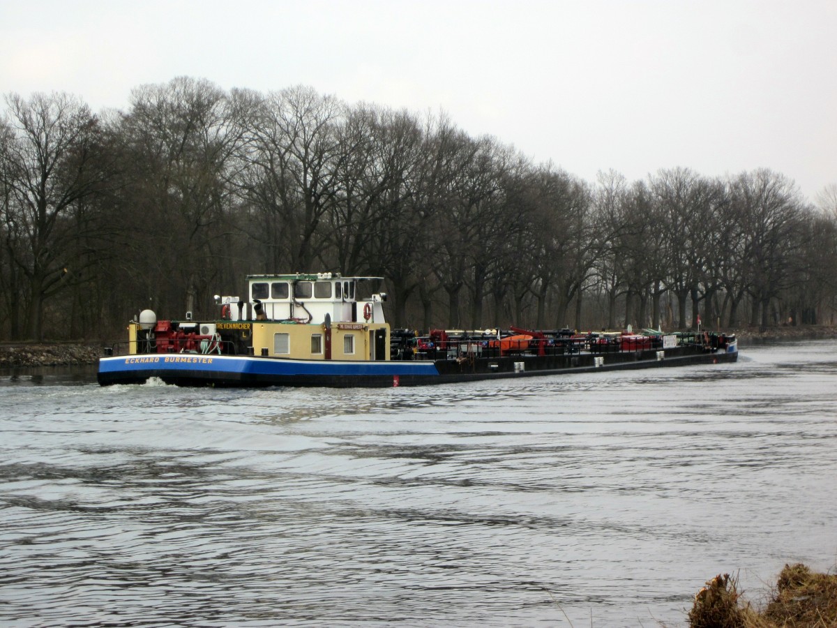 TMS Eckhard Burmester (08043011 , 85 x 9m) am 08.03.2016 im Sacrow-Paretzer Kanal / UHW bei Schlänitzsee / Marquardt mit Fahrtrichtung Osten / Berlin.