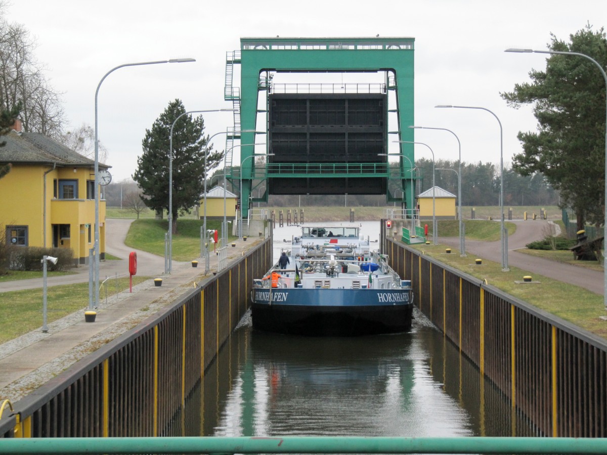 TMS Hornhafen (02329810 , 86 x 9,60m) am 11.03.2016 beim Einlaufen in die Schleuse Niegripp von der Elbe zu Berg kommend.