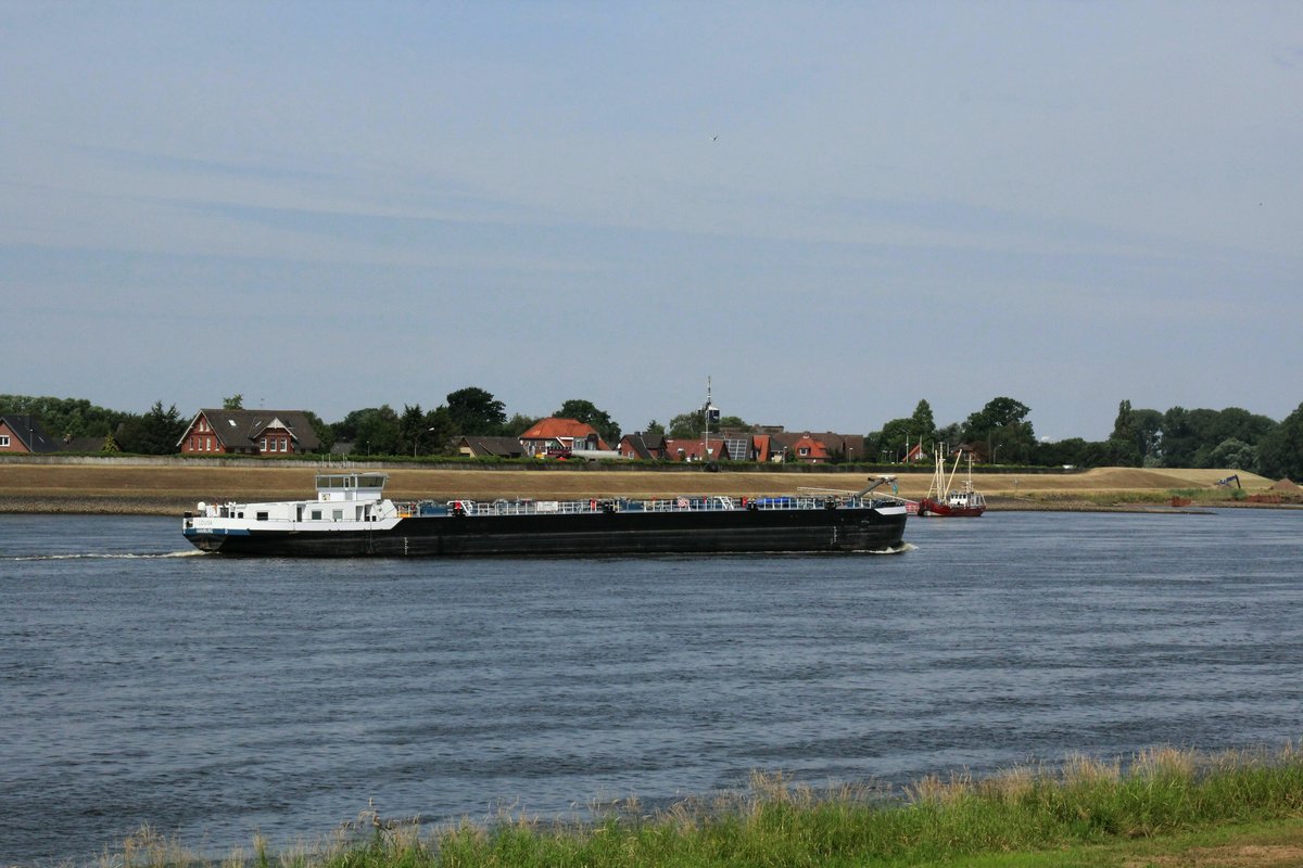 TMS Louisa (04810610 , 84,78 x 9,48m) am 20.07.2019 auf der Elbe vor Fliegenberg auf Talfahrt.