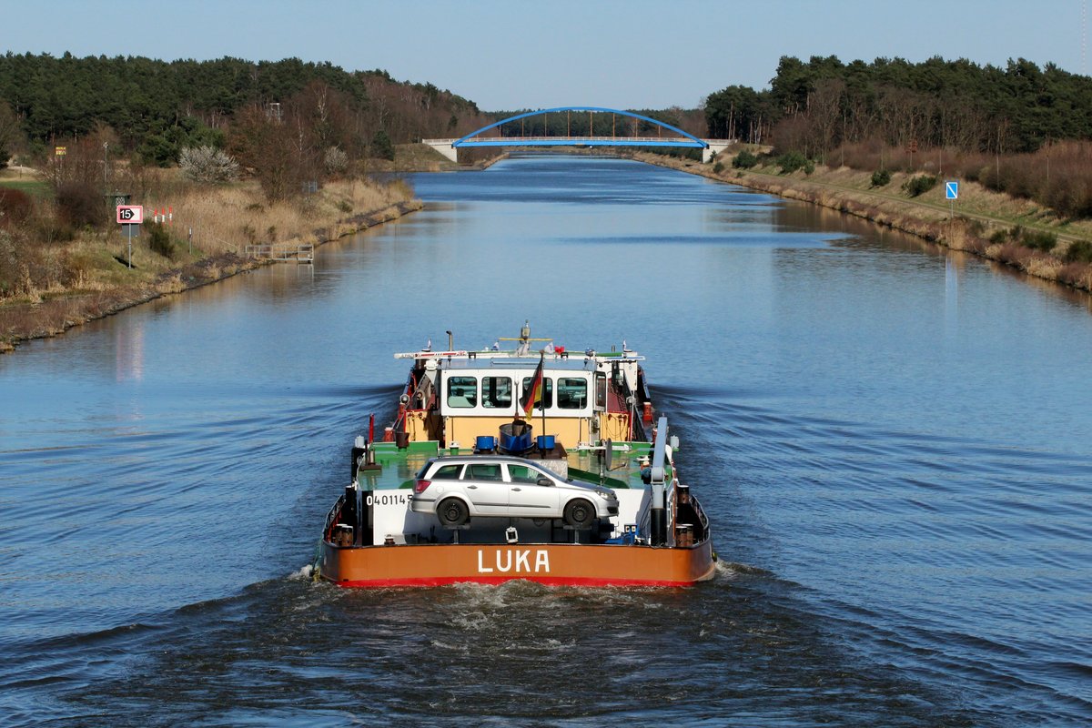 TMS Luka (04011450 , 80 x 9m) , ex Dettmer Tank 65 , am 01.04.2016 im Elbe-Havel Kanal bei Niegripp mit Fahrtrichtung Berlin.