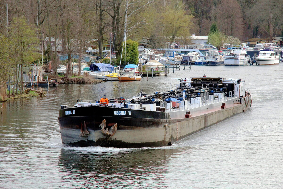 TMS  REGINA W  (05101050 , 79,78 x 9m) am 22.04.2021 auf  HAVEL - Bergfahrt  unterhalb der Freybrücke in Berlin-Spandau.