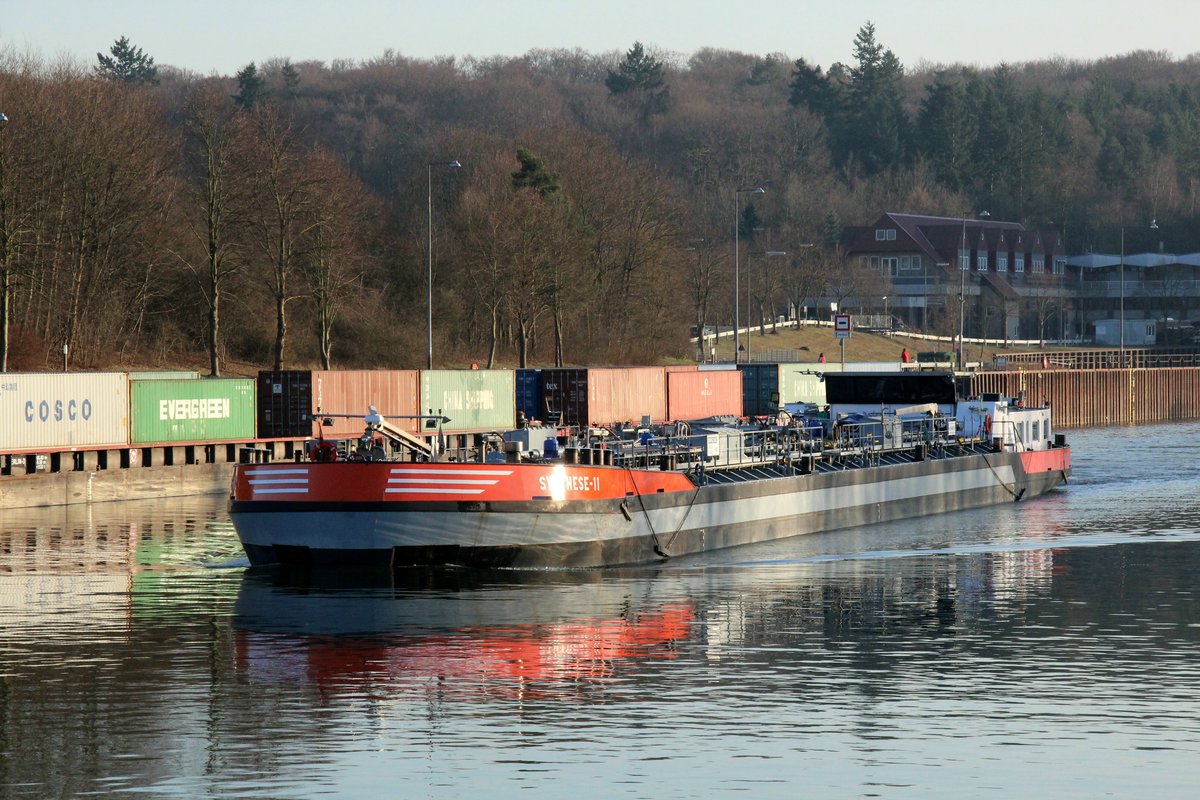 TMS Synthese-11 (02326029 , 81,20 x 10,30m) am 26.02.2019 im Unterwasser des Schiffshebewerkes Scharnebeck nach der Talfahrt im Osttrog.