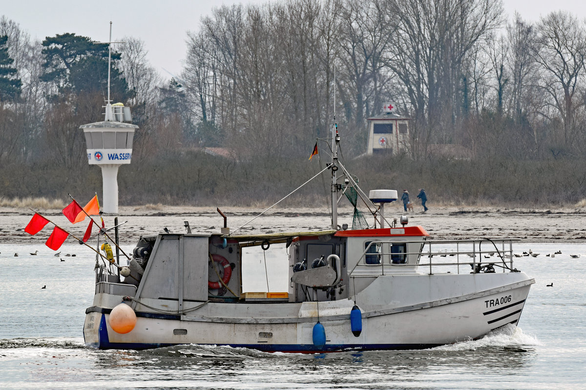 TRA 006  Santos  am 25.03.2018 in Lübeck-Travemünde einlaufend. Im Hintergrund die Halbinsel Priwall.