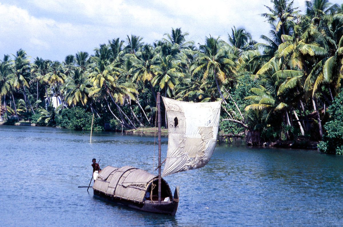 Traditionelles südindisches Segelboot auf den Backwaters in Kerala. Bild vom Dia. Aufnahme: Dezember 1988.