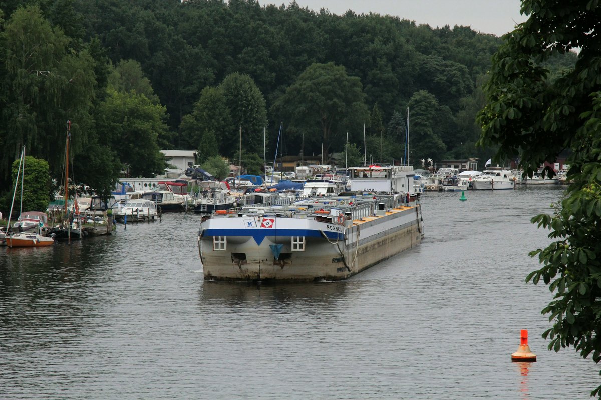 TSL Suanca (04808880 , 83,88 x 9,54m) wurde am 26.06.2018 von seinem SB Gino (05502270 , 16,50 x 8,15m) in Berlin-Pichelswerder/Spandau auf der Havel zu Berg geschoben.