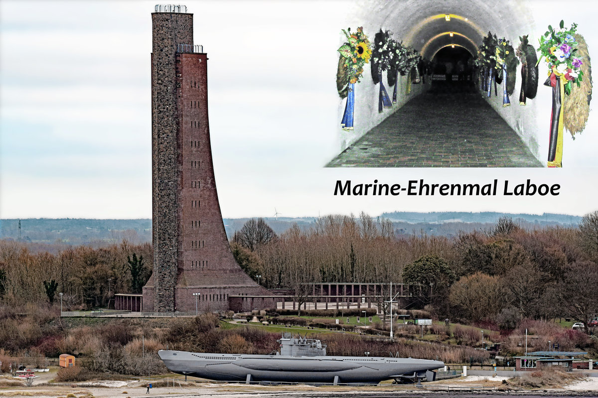 U 995 vor dem Marine-Ehrenmal in Laboe. Aufnahme vom 09.02.2015 (von Bord der Color Fantasy). Das von mir gefertigte Bild von den Kränzen habe ich in das Foto  eingebettet  