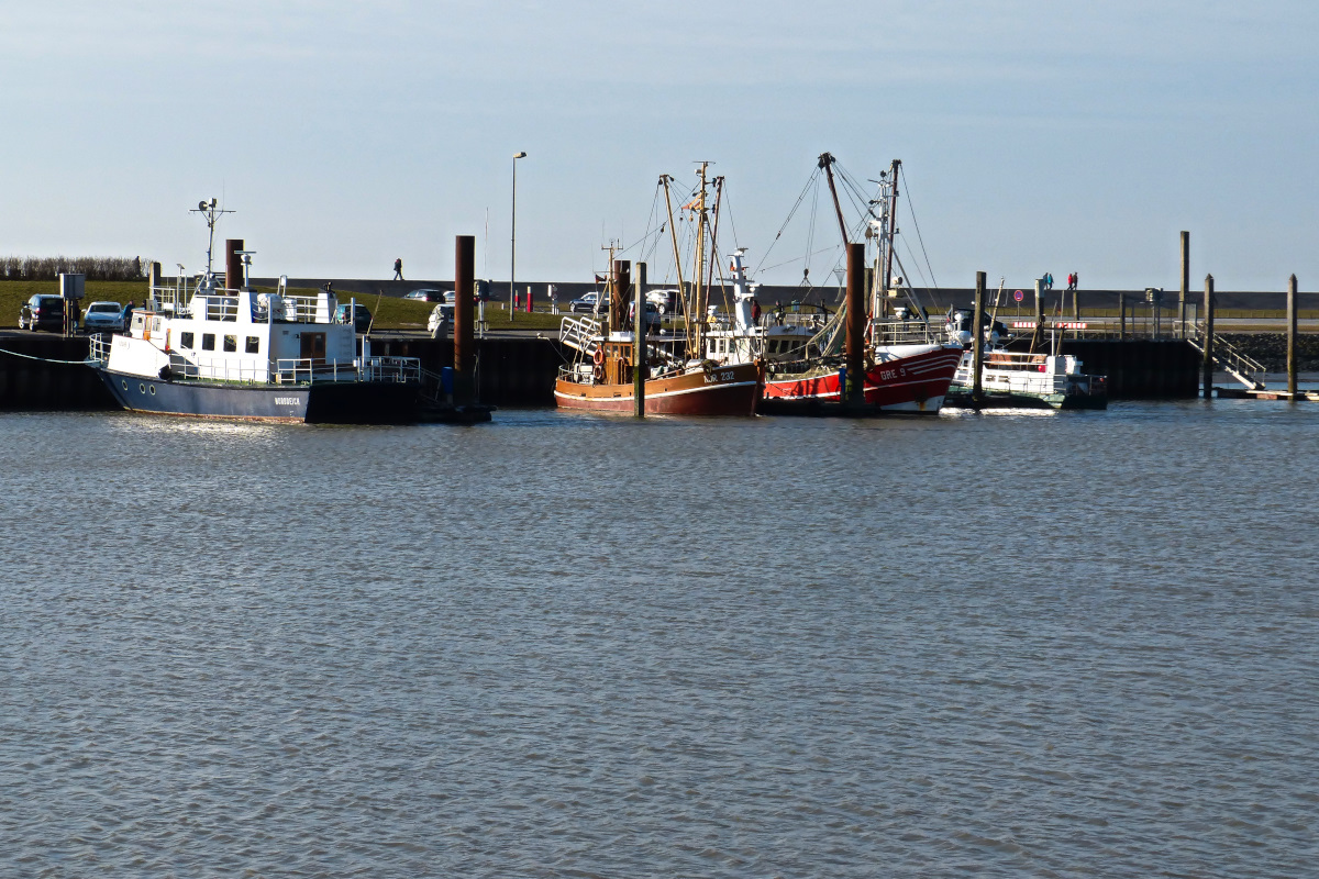 Unterschiedliche kleine Schiffe in Norddeich am 28.02.2015