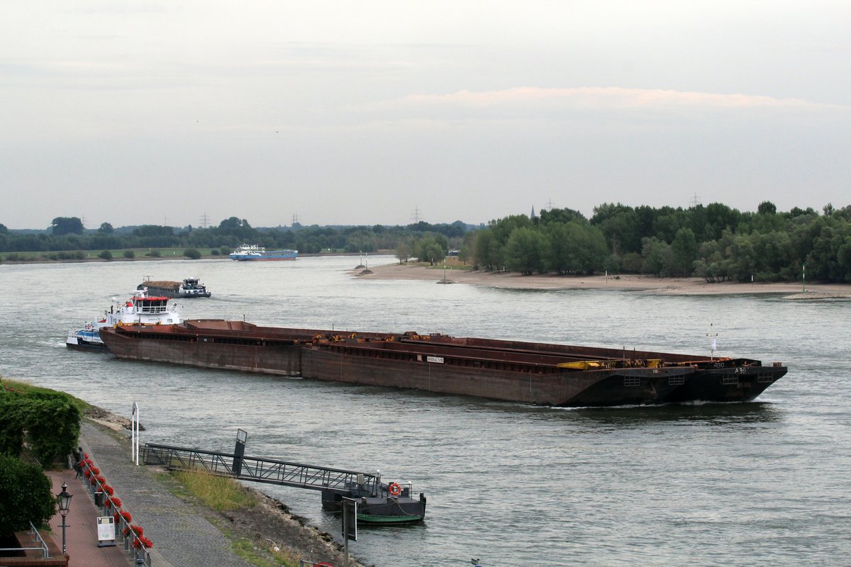Vier leere Leichter , je 76,5m lang und 11,4m breit , schob das SB Herkules XII (04003960 , 32 x 11,4m) am 06.07.2017 auf dem Rhein bei Rees zu Tal Richtung Niederlande.