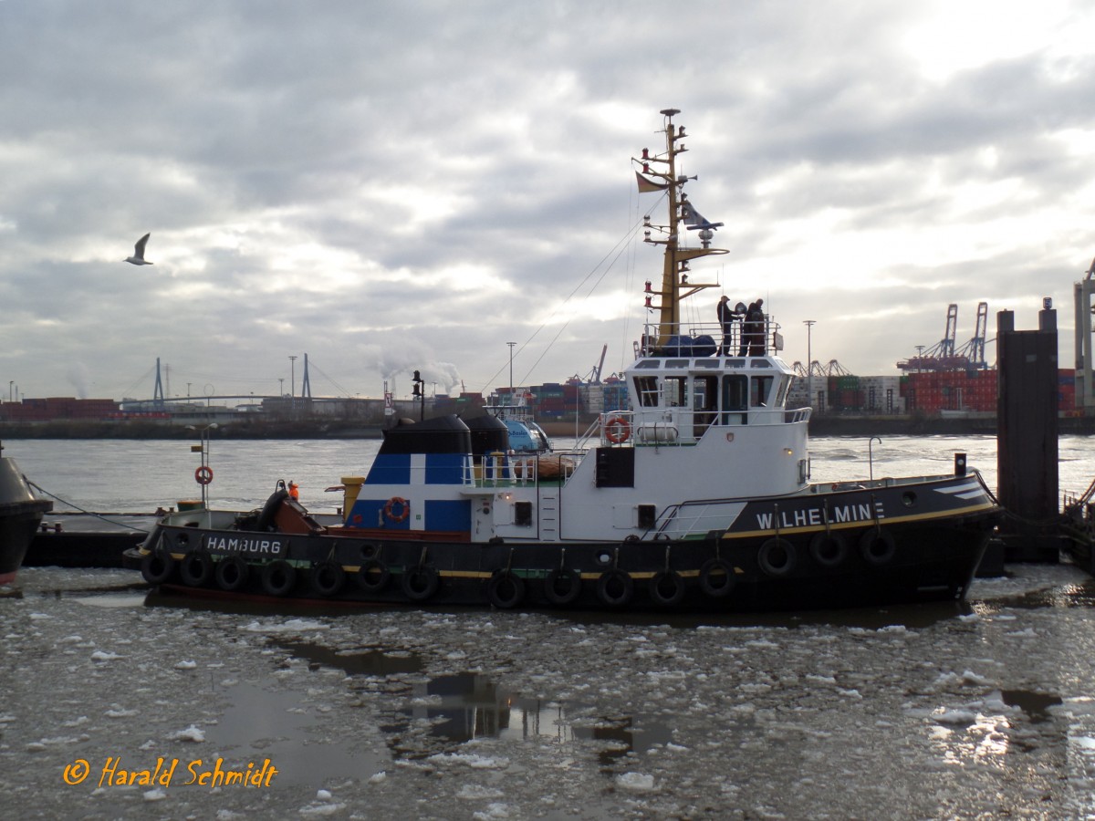 WILHELMINE (4)  (IMO 8007133) am 9.1.2016, Hamburg, Elbe, Schlepperponton Neumühlen,  mit neuer Schornsteinmarke und Reedereiflagge Neue Schleppdampfschiffreederei Louis Meyer,  Hamburg /  

Hafenassistenzschlepper / GT 189 / Lüa 26,19 m, B 8,84 m, TG 4,4 m / 2 Schottel, 2 Diesel, 4-Takt, 6-Zyl., Deutz SBA6M528, ges. 1280 kW (1740 PS), 11kn, Pfahlzug 27 t / 1980 bei Mützelfeldtwerft, Cuxhaven, für Petersen&Alpers, Hamburg  / 11.2015 in Bareboat-Charter bei  Neue Schleppdampfschiffreederei Louis Meyer,  Hamburg / Flagge: D, Heimathafen: Hamburg

