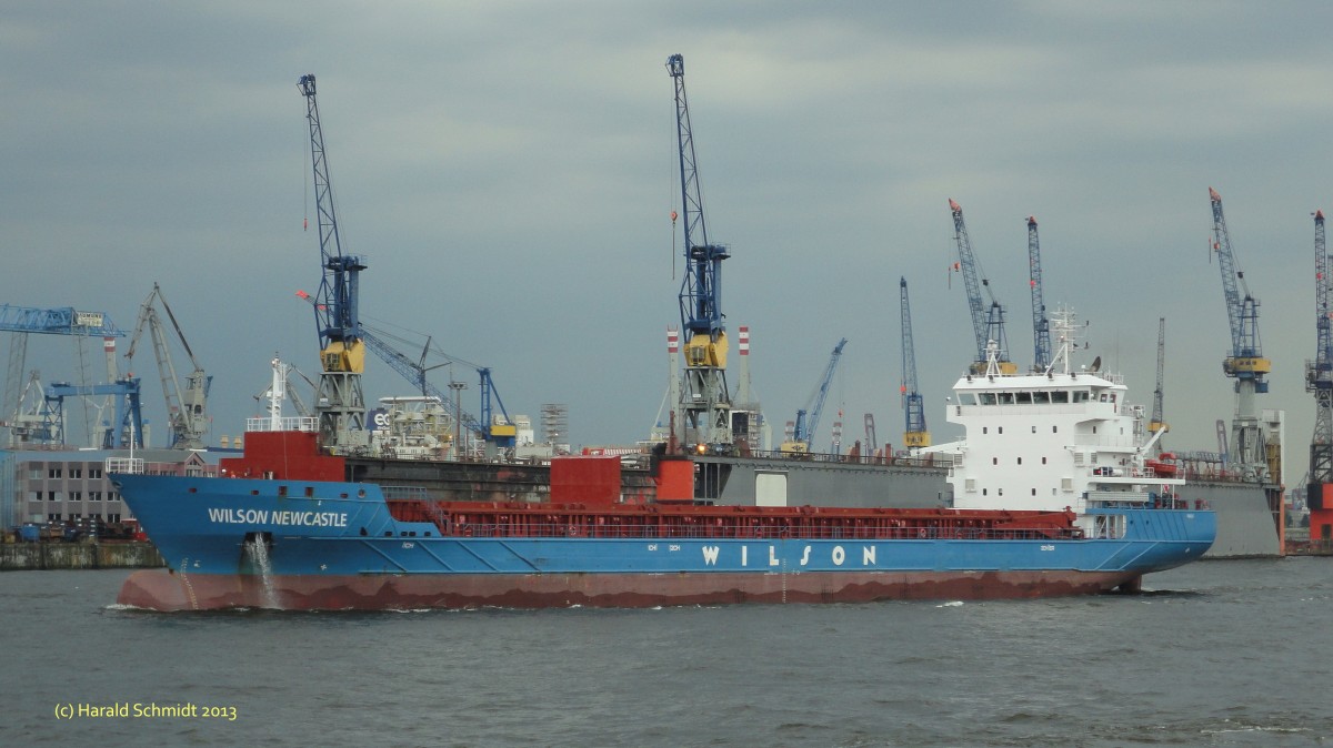 WILSON NEWCASTLE (IMO 9431006) am 24.7.2013, Hamburg, Khlfleet einkommend  /
Stckgutfrachter / BRZ 6.118 / La 123,04 m, B 16,5 m, Tg 7,4 m / 13,4 kn / 60 TEU / 2011 bei  Damen Yichang Shipyard , China / Eigner: Wilson - Bergen, Norwegen / Flagge: Malta, Heimathafen: Valletta

