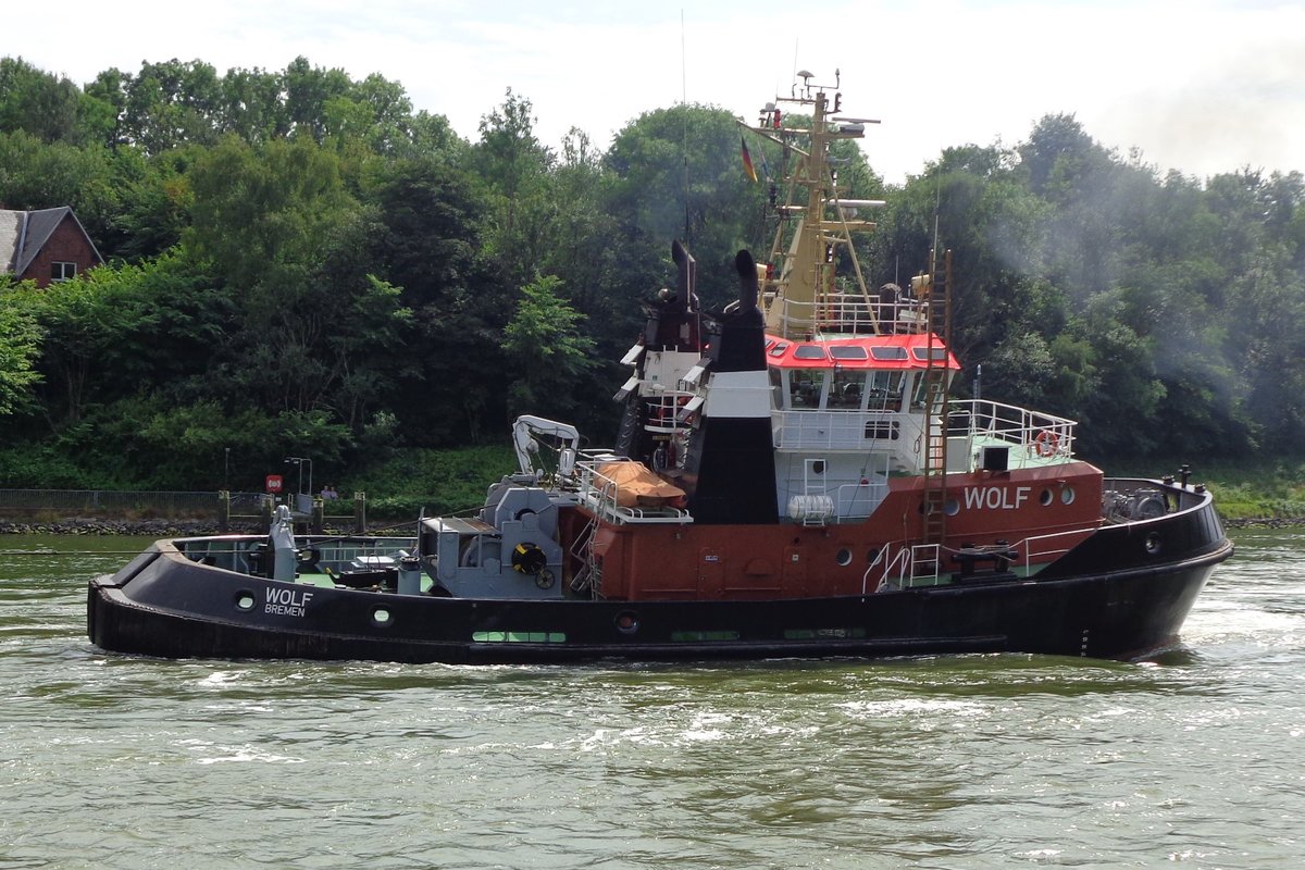 WOLF ex Stadt Wolf - IMO 9036260 -am 17-07-2014 bei der Fährstelle Landwehr am NOK.
1993 in Wolgast gebaut - 3944 Ps - Pflz.= 45 To.