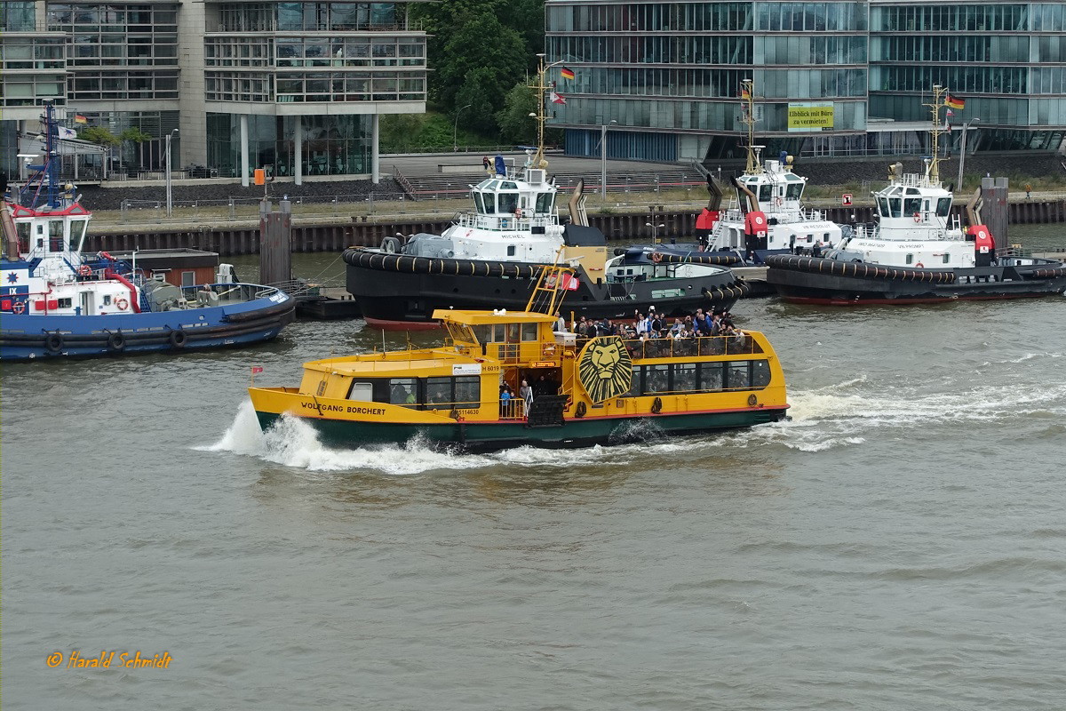 WOLFGANG BORCHERT (2) (ENI 051 14630) am 14.7.2019, Hamburg, Elbe vor dem Schlepperponton St. Pauli  /

Fährschiff / HADAG Seetouristik und Fährdienst AG, Hamburg  / 2006 nach Umbau bei SBB, Ootkaten, Lüa 28,0 m, B 7,75 m, Tg 1,5 m / 1 Diesel , Deutz, 550 kW (748 PS),  11 kn / 250 Pass. / 1993 bei Heinrich Grube Schiffswerft, Hamburg-Oortkaten, Lüa 27,76 m, B 6,45 m, Tg 1,4 m, 210 Pass. / 
