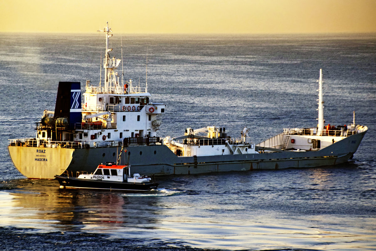 Zementfrachter ROAZ (IMO 8921963) im Licht des Sonnenaufgangs am 07.02.2017 im Seegebiet vor Funchal, Madeira