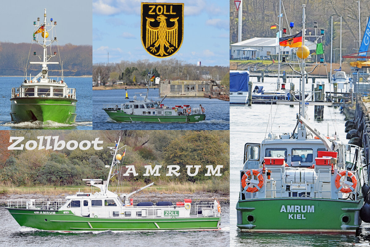Zollboot AMRUM in Lübeck (Fotocollage von Bildern aus den Jahren zwischen 2020-2022). Es verrichtet zurzeit der Bildeinstellung (4/2022) für die  Kontrolleinheit  PRIWALL seinen Dienst im Raum der Hansestadt.
Das Behörden-Seefahrzeug trägt noch die  alte  Farbgebung im bekannten  Zollgrün . 