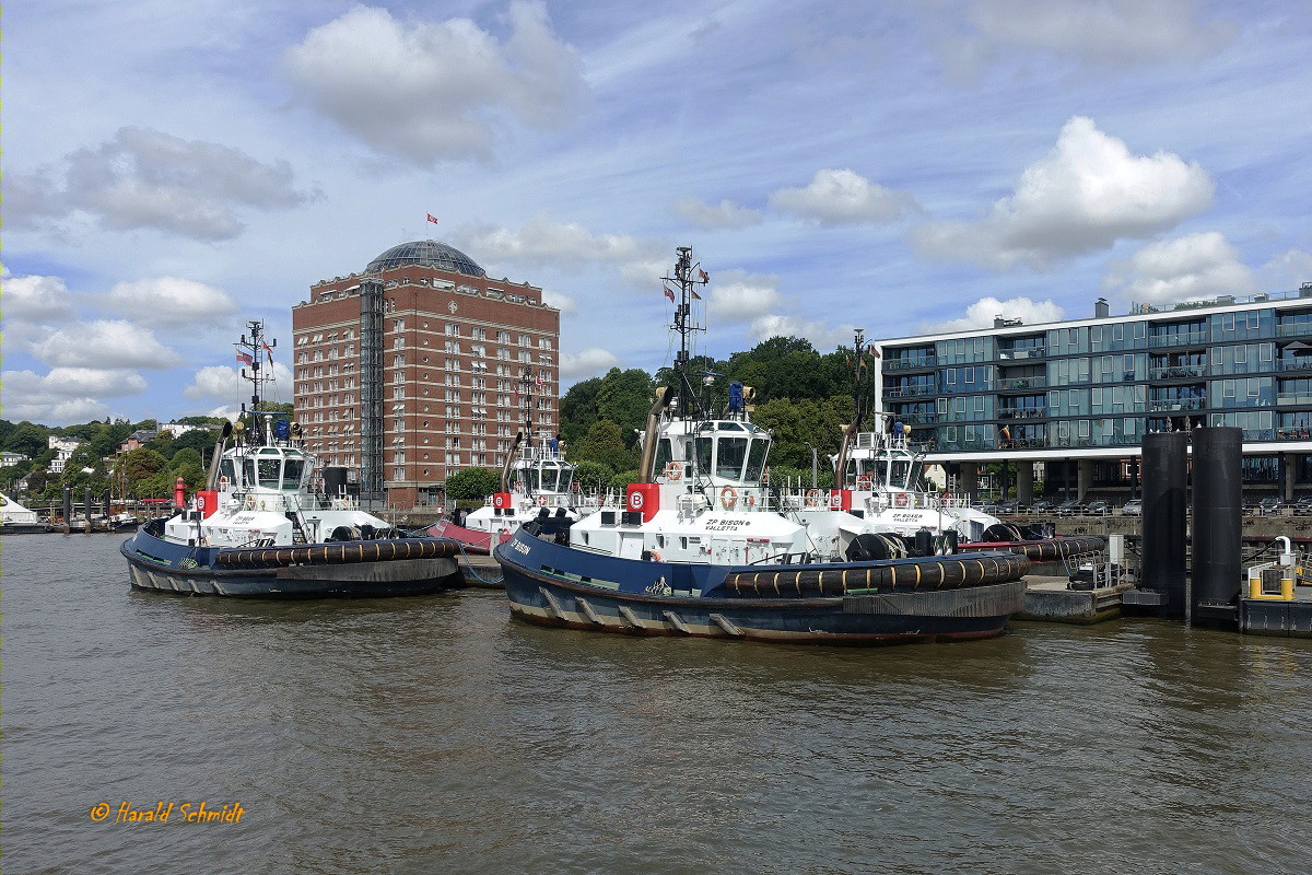 ZP BEAR (IMO 9701982)und ZP BISON (IMO 9701994) am 9.8.2022, Hamburg, Elbe Schlepperponton Neumühlen /

Schlepper / Damen ATD 2412 /  BRZ 299  / Lüa 24,74m, B 12,63 m, Tg 6,45 m / 2 Caterpillar-Diesel, C4.4 DITA,  ges. 4200 kW, 5712 PS, 12 kn, Pfahlzug 70 t / 2015 gebaut, Flagge: Malta, Heimathafen: Valetta /
