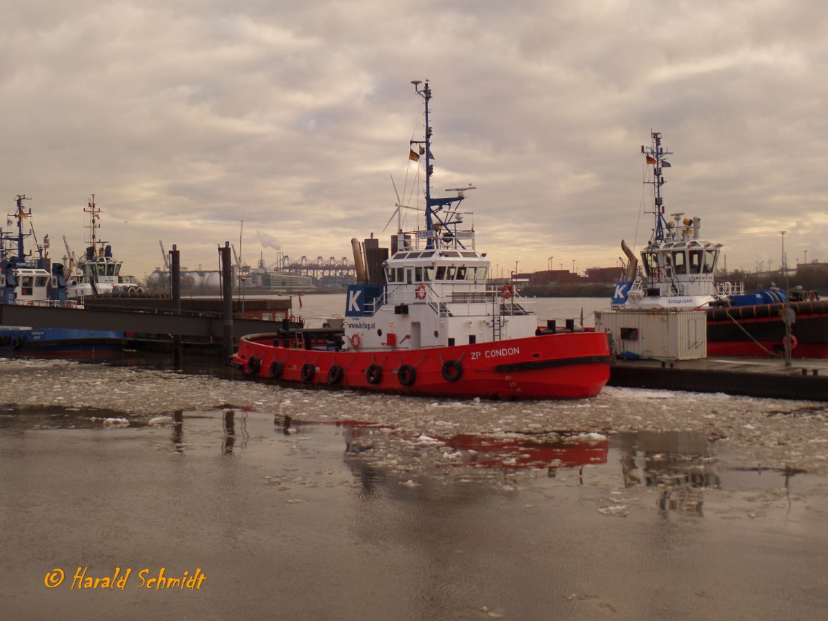 ZP CONDON (Kotug) 004 (IMO 8103066) am 9.1.2016, Hamburg, Schlepperponton Neumühlen /

Assistenzschlepper / BRZ 194 / Lüa 28,5 m, B 10,37 m, Tg 5,06 m / 2.206 kW, 11,5 kn, Pfahlzug 45 t / 1981 bei Valley Shipbuilding Inc., Brownsville, Texas, USA / das Schiff steht zum Verkauf 
