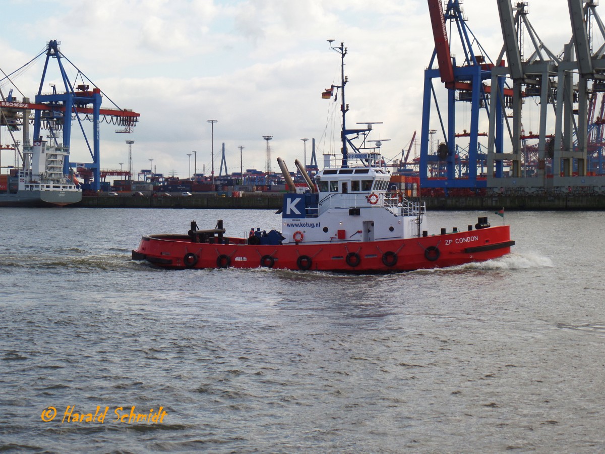 ZP CONDON (Kotug) 005 (IMO 8103066) am 4.3.2014, Hamburg, Elbe Höhe Steinwerder /

Assistenzschlepper / BRZ 194 / Lüa 28,5 m, B 10,37 m, Tg 5,06 m / 2.206 kW, 11,5 kn, Pfahlzug 45 t / 1981 bei Valley Shipbuilding Inc., Brownsville, Texas, USA / das Schiff steht zum Verkauf 
