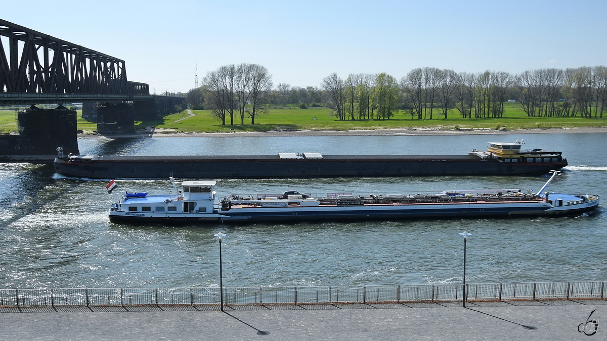 Zusammentreffen von FAVORIET (ENI: 02327490) & VIGILIA (ENI: 04806310) auf dem Rhein bei Duisburg. (April 2021)