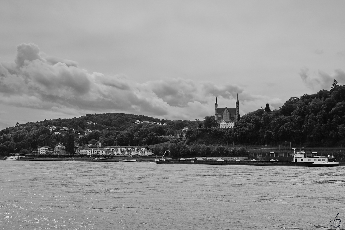 Zusammentreffen der Gütermotorschiffe CAPIBARA (ENI: 02323443) und SAMARY (ENI: 02328677), so gesehen Anfang August 2021 auf dem Rhein bei Unkel.