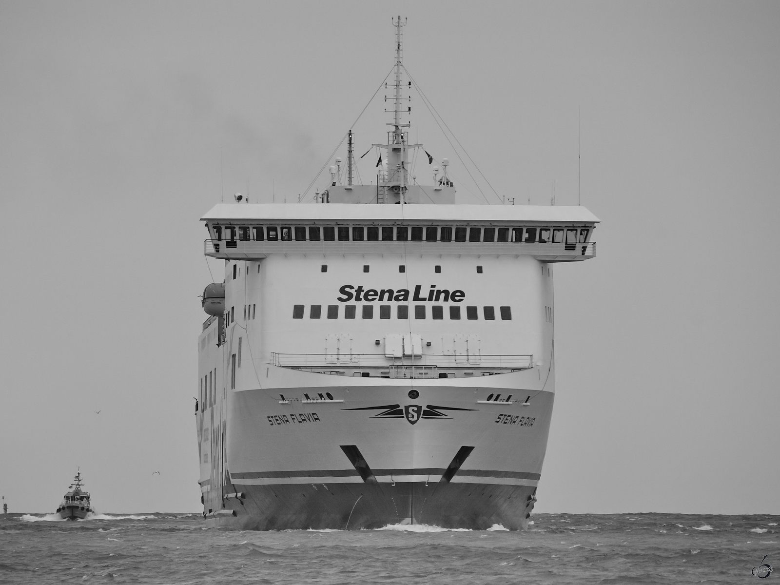 Das Fährschiff STENA FLAVIA (IMO: 9417919) kurz vor der Ankunft in Travemünde. (Mai 2023)