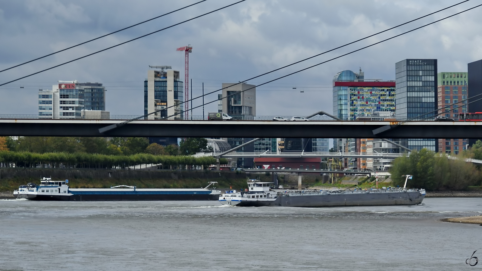 Die Binnenschiffe NICOLE II (ENI: 02330485) und PEALKO (ENI: 02330440) sind hier nebeneinander auf dem Rhein zu sehen. (D�sseldorf, September 2026)