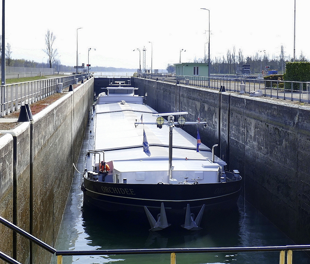 GMS ORCHIDEE ENI 02318860, wird in der Schleuse Vogelgr�n/Elsa� rheinabw�rts geschleust, M�rz 2026