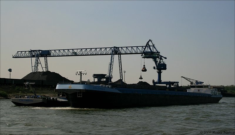 Auf dem Rhein bei Duisburg - Die  Colombia  (Antwerpen/B) Euronummer 6004239, 110 m lang, 11,45 m breit und links daneben die  Colombia II  Europanummer 6004240 im Niag Rheinhafen Orsoy.