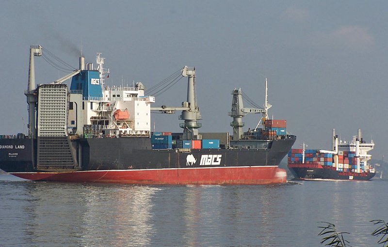 Begegnung auf der Elbe. Ein RoRo Frachter und ein Feeder Containerschiff.