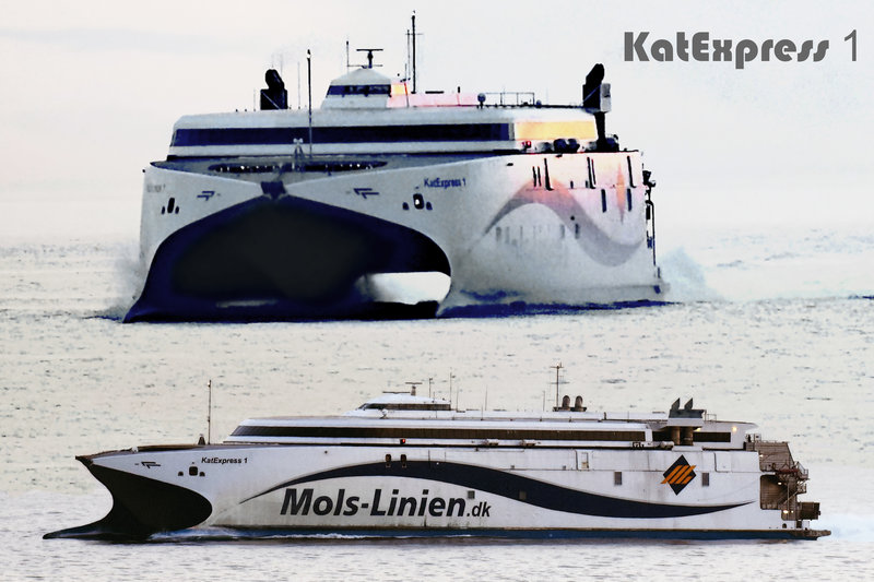 Dänischer Katamaran KATEXPRESS 1 (IMO 9501590) letzten Tageslicht des 21.08.2016. Aus großer Entfernung von Bord der MS Color Magic ... - Schiffbilder.de