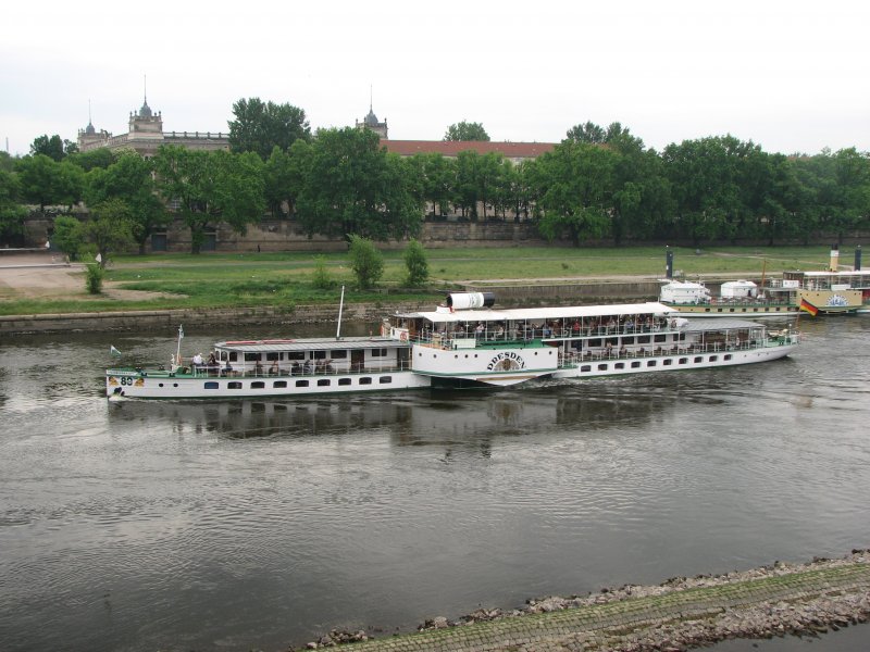 Dampfer  Dresden  ist Elbaufwts nach Pillnitz unterwegs hier kurz vor der Albertbrcke weshalb die Esse eingezogen ist.6.05.07