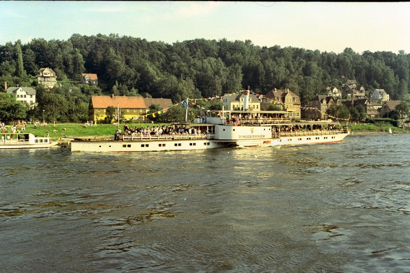 Dampfschiff JUNGER PIONIER bei Stadt Wehlen, um 1988