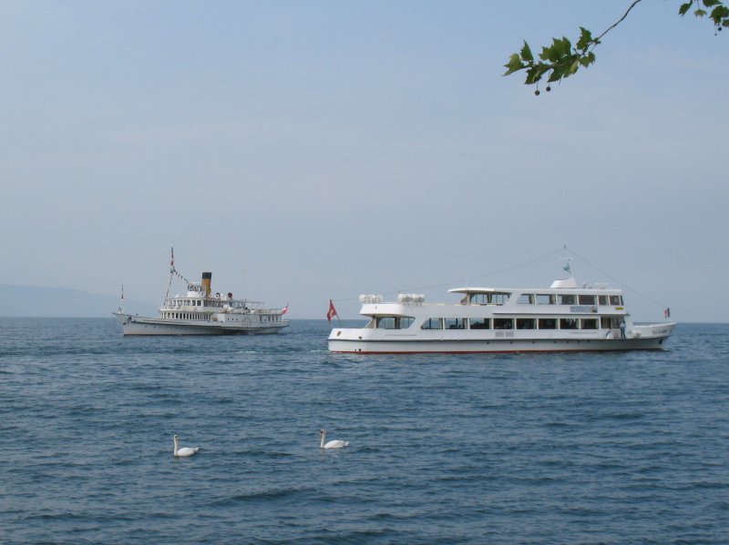 Das Motorschiff   Ville-de-Genve   begegnet dem Schaufelraddampfer  Vevey . 1.Mai 2007