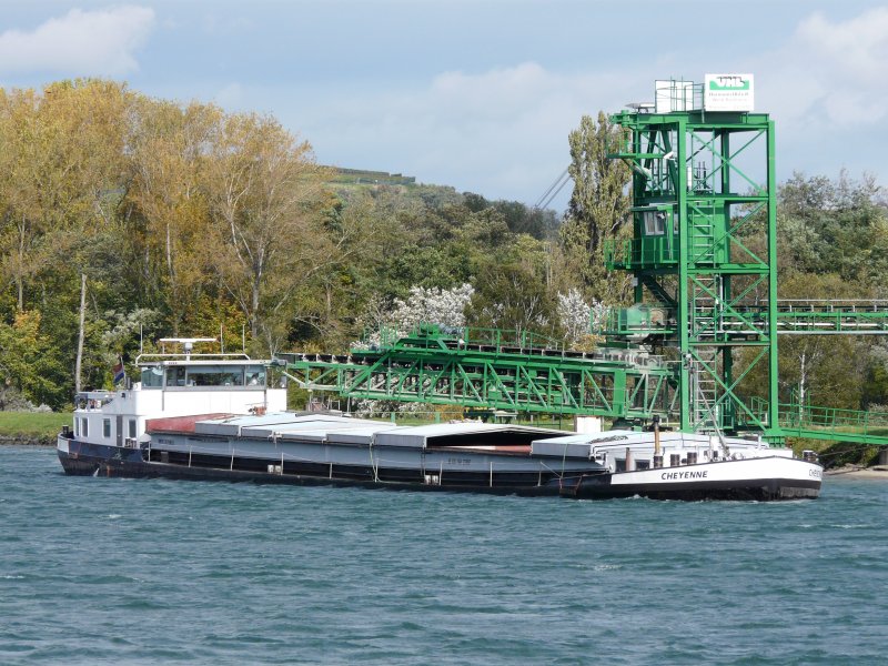 Das niederlndische Frachtschiff  Cheyenne  an der Kiesverladestelle Burkheim, Anfang Oktober 2008. Rainer Ullrich hat das Schiff von der Landseite und ich eine Woche vorher von der Wasserseite fotografiert. Schiffsberwachung pur !!!!!!