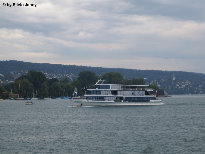 Das Pannenschiff ''Panta Rhei'' darf in der Sommersaison 08 nach unzhligen Umabuarbeiten endlich erste kommerzielle Kurse fahren, hier am 1.8.08 kurz vor dem Brkliplatz in Zrich.