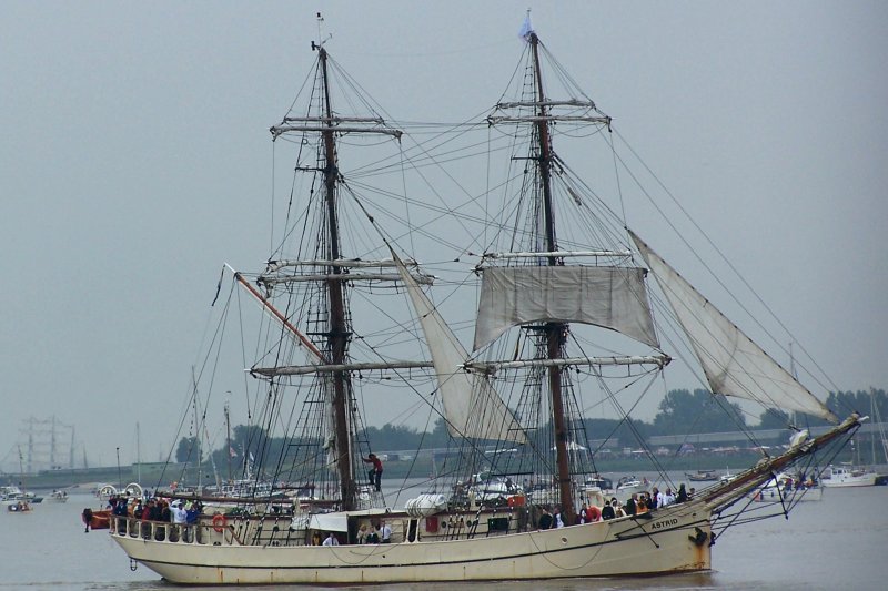 Die Brigg  Astrid  aus den Niederlanden am 14.08.2005 bei der Sail Bremerhaven. Baujahr 1918, Werft: Greg van Leeuwin in Scheveningen (Niederlande), Lnge ber alles: 43,28 m, 488 qm Segelflche, gebaut wurde das Schiff als Frachtlogger und fuhr bis 1937 unter den Namen  Wuta .