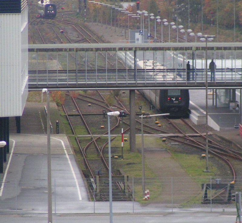 Im Fhrhafen Puttgarden rangiert am 18.10.2008 ein dnischer IC3-Triebwagen, um in Krze auf die Fhre Schleswig-Holstein zu fahren. Der Zug kommt als EC 35 von Hamburg und wird ab Roedby Havn weiter nach Kopenhagen fahren.


