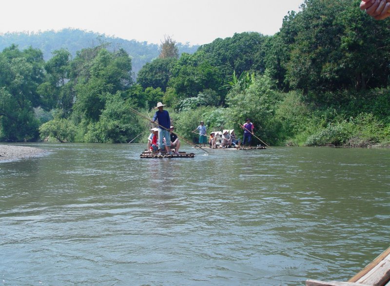 In der Nhe von Chiang Mai in Nordthailand besteht die Mglichkeit einer Flossfahrt auf einem kleinen Flu, wobei es passieren kann, dass man dabei auf einen Elefanten trifft, der den Fluss zusammen mit seinem Mahout durchquert. So mir geschehen am 17.03.2006