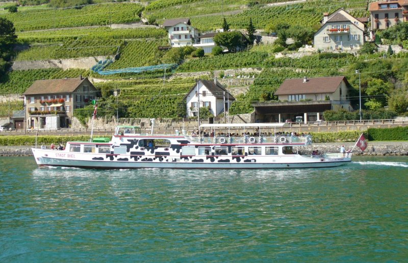 Kuhschiff = MS Stadt Biel der BSG = Bielersee Schifffahrt auf dem Bielersee am 05.09.2006